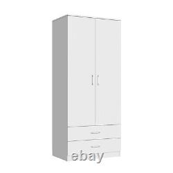 2 Door White Wardrobe Matt Cupboard Large Storage with Hanging Rail & Drawers