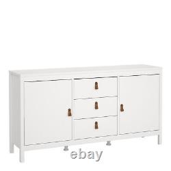 2 Doors 3 Drawers Large Sideboard White Modern Storage Leather Handles Lille