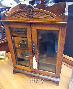Antique Large Carved Oak Smoking 3 Drawer Locking Jewellery Cabinet 47 cm