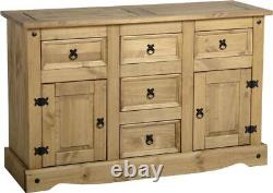 Aura 2 Door 5 Drawer Sideboard Distressed Waxed Pine UK Seller