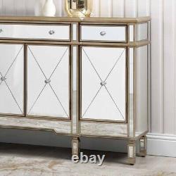 Beaumont Mirrored -Golden Trims 3 Drawer 4 Door Large Storage Sideboard Cabinet