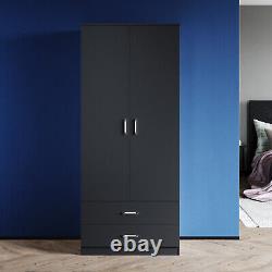 Black 2 Door Wardrobe with 2 Drawers Hanging Rail Large Storage Bedroom Cupboard