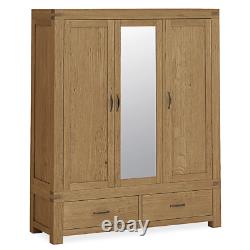Chunky Oak Triple Wardrobe Rustic Large 3 Door 2 Drawer with Mirror Abbey Grande