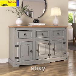 Corona Grey Sideboard 3 Door 3 Drawer Cupboard Large Solid Mexican Pine Wooden C