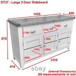 Downton Grey Painted Large 3 Drawer 3 Door Sideboard Kitchen Dining DT37