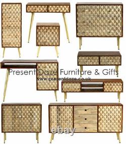 Edisa Honeycomb Effect Solid Mango Living Room Furniture with Gold Metal Legs