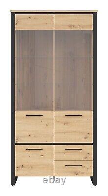Glass Display Cabinet Large Unit 3 Door 2 Drawer Black/Artisan Oak Effect Dodson