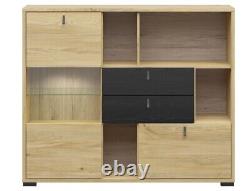 Glass Display Sideboard Large Drawers Shelves LEDs Ash / Black Oak Effect Rodes
