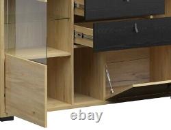 Glass Display Sideboard Large Drawers Shelves LEDs Ash / Black Oak Effect Rodes