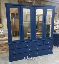 Handmade Williams 4 Door 8 Drawer Mirrored Large Wardrobe In Navy Blue Assembled