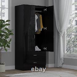 High Gloss Black 2 Door Wardrobe With 2 Drawers Hanging Rail Bedroom Furniture