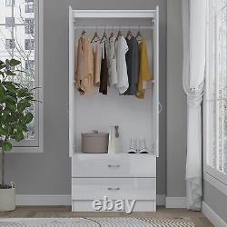 High Gloss White 2 Door Wardrobe With 2 Drawers Hanging Rail Bedroom Furniture