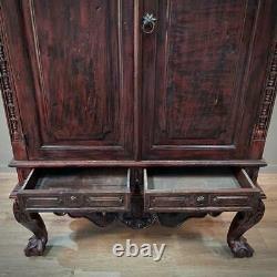 Impressive Large Rustic Oriental Carved Hardwood Two Door Cabinet, Drawer Base