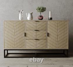 Industrial Oak Parquet Sideboard Cabinet Cupboard 3 Drawers 2 Doors 130 cms New