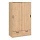 Large 2 Door Oak Wood Double Wardrobe With Sliding Doors 2 Drawers Clothes Rail
