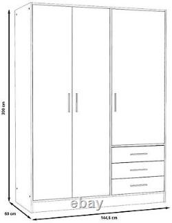 Large 3 Door Combination Wardrobe 3 Drawers & Interior Shelving Grey White