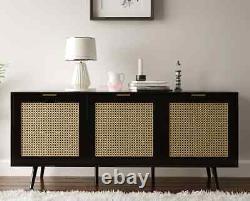 Large 3 Door Sideboard Cabinet, Black Wood And Cane Rattan, Retro Scandi Style