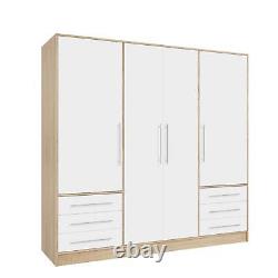 Large 4 Door Bedroom Wardrobe white on oak. Hanging rail, shelves and 6 drawers