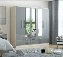 Large 5 Door Mirrored HIGH GLOSS GREY Wardrobe, Bed side, Chest Drawers Set