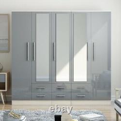 Large 5 Door Mirrored Wardrobe, High Gloss LIGHT GREY, 6 Drawers, Modern Design