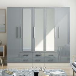 Large 5 Door Modern Mirrored Fitment Wardrobe, 6 Drawers, in High Gloss Grey