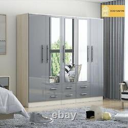 Large 5 Door mirrored HIGH GLOSS GREY fitment wardrobe, 6 drawer, FREE SHIPPING