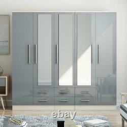 Large 5 door high gloss mirrored wardrobe GREY gloss 6 Drawer NEW COLOUR