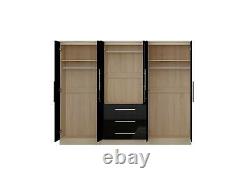 Large 6 Door mirrored HIGH GLOSS BLACK fitment wardrobe, 3 drawer, FREE SHIPPING