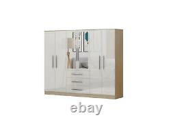 Large 6 Door mirrored HIGH GLOSS WHITE fitment wardrobe, 3 drawer, FREE SHIPPING