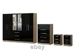 Large 6 door bedroom set, wardrobe, Chest, 2x Bedside drawer, BLACK HIGH GLOSS