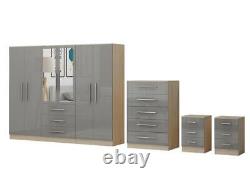 Large 6 door bedroom set, wardrobe, Chest, 2x Bedside drawer, GREY HIGH GLOSS