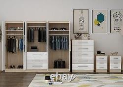 Large 6 door bedroom set, wardrobe, Chest, 2x Bedside drawer, WHITE HIGH GLOSS