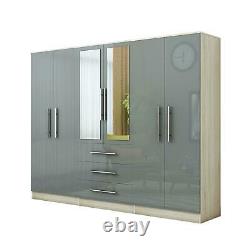 Large 6 door high gloss mirrored wardrobe Grey, - 3 Drawers