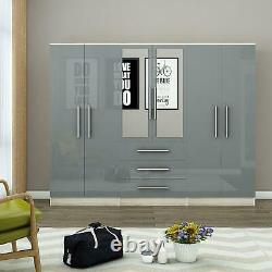 Large 6 door high gloss mirrored wardrobe Grey, Black, White 3 Drawer