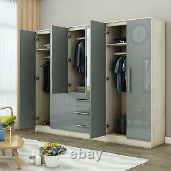 Large 6 door high gloss mirrored wardrobe Grey, Black, White 3 Drawer