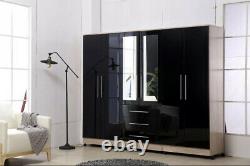 Large 6 door mirrored HIGH GLOSS fitment wardrobe, 3 drawer, BLACK/WHITE/GREY