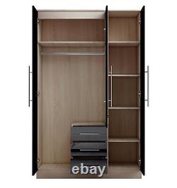 Large Combi 3 Door Mirrored Fitment Wardrobe, 3 Drawers, in High Gloss Black