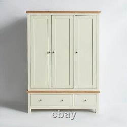 Large Cream Triple Wardrobe 3 Doors 2 Drawers Painted Solid Wood Storage Farrow