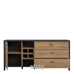 Large Matt Black Wooden Oak Sideboard Storage Cabinet Unit With 3 Drawers & Door