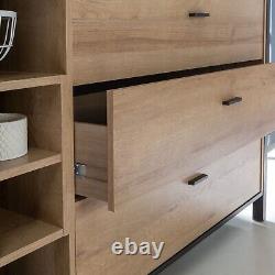 Large Matt Black Wooden Oak Sideboard Storage Cabinet Unit With 3 Drawers & Door