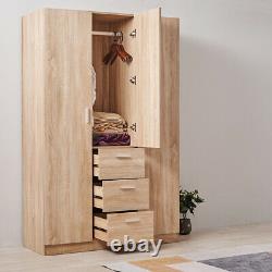 Large Modern 3 Door 3 Drawer Wardrobe Oak Home Bedroom Storage Unit UK