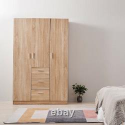 Large Modern 3 Door 3 Drawer Wardrobe Oak Home Bedroom Storage Unit UK