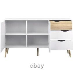 Large Modern White/ Light Oak 2 Door 3 Drawer Sideboard Sleek Home Storage