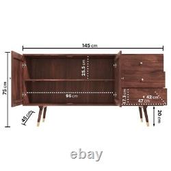 Large Retro Sideboard Dark Brown Solid Wood Gold Inlay 2 Doors Cabinet 3 Drawers
