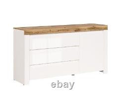 Large Sideboard Cabinet 3 Drawer Unit Soft Close White Gloss Oak Effect Holten