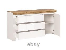 Large Sideboard Cabinet 3 Drawer Unit Soft Close White Gloss Oak Effect Holten