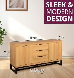 Large Sideboard, Oak Effect Cabinet with Metal Base, 3 Drawers & 2 Compartments