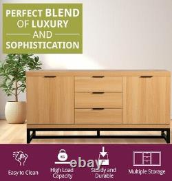 Large Sideboard, Oak Effect Cabinet with Metal Base, 3 Drawers & 2 Compartments