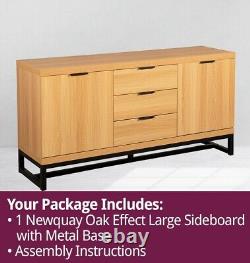 Large Sideboard, Oak Effect Cabinet with Metal Base, 3 Drawers & 2 Compartments