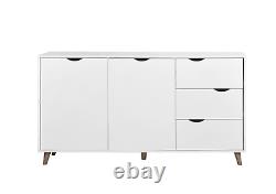 Large Sideboard Unit White 3 Drawers 2 Door Cabinet Storage Scandinavian Style